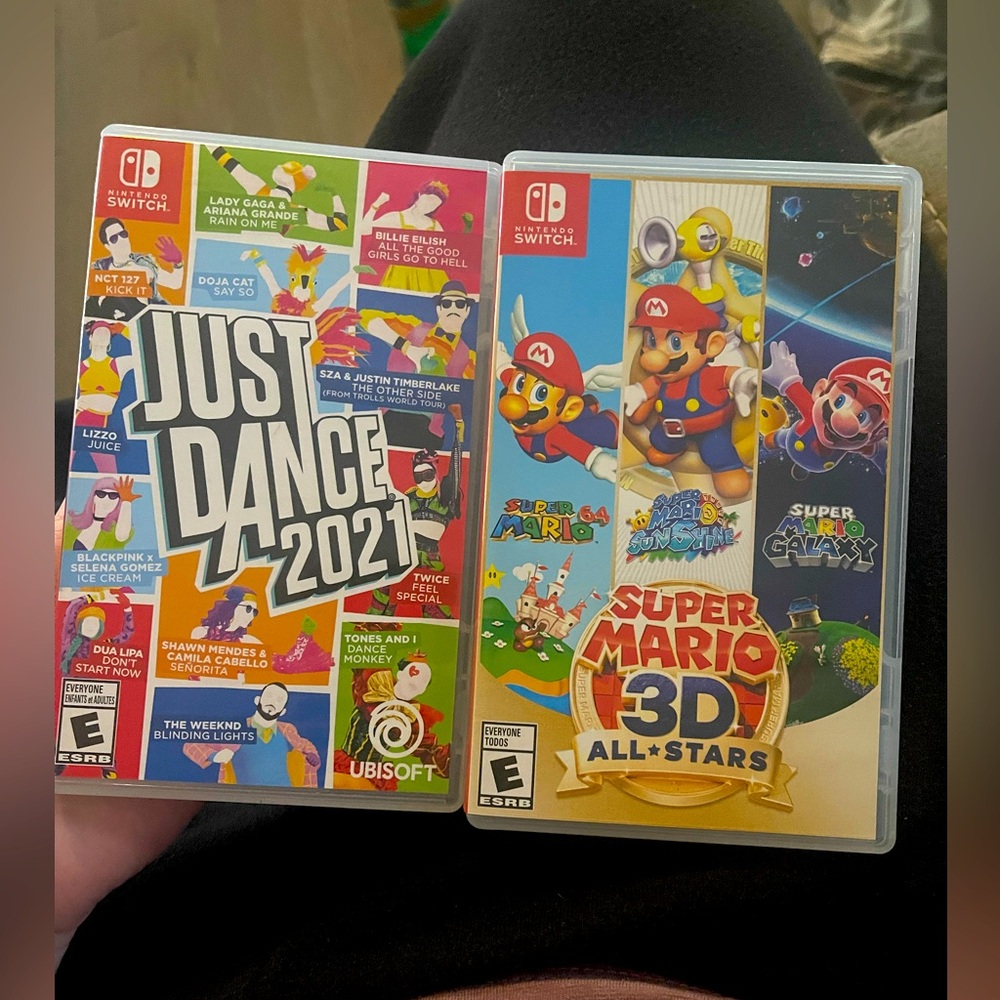 Two Nintendo switch games: Just Dance 2021 and Super Mario 3D stars